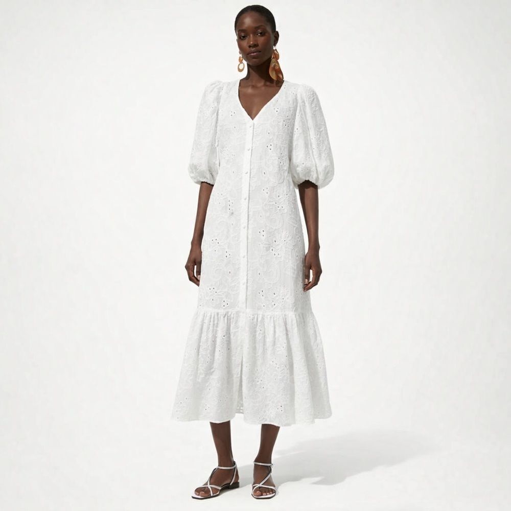 Zara White Eyelet Embroidered Midi Dress Size S Puff Sleeve Cotton Boho Cottage